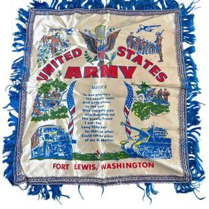 Vintage United States Army Scarf Flag Banner with Blue Fringe Fort Lewis